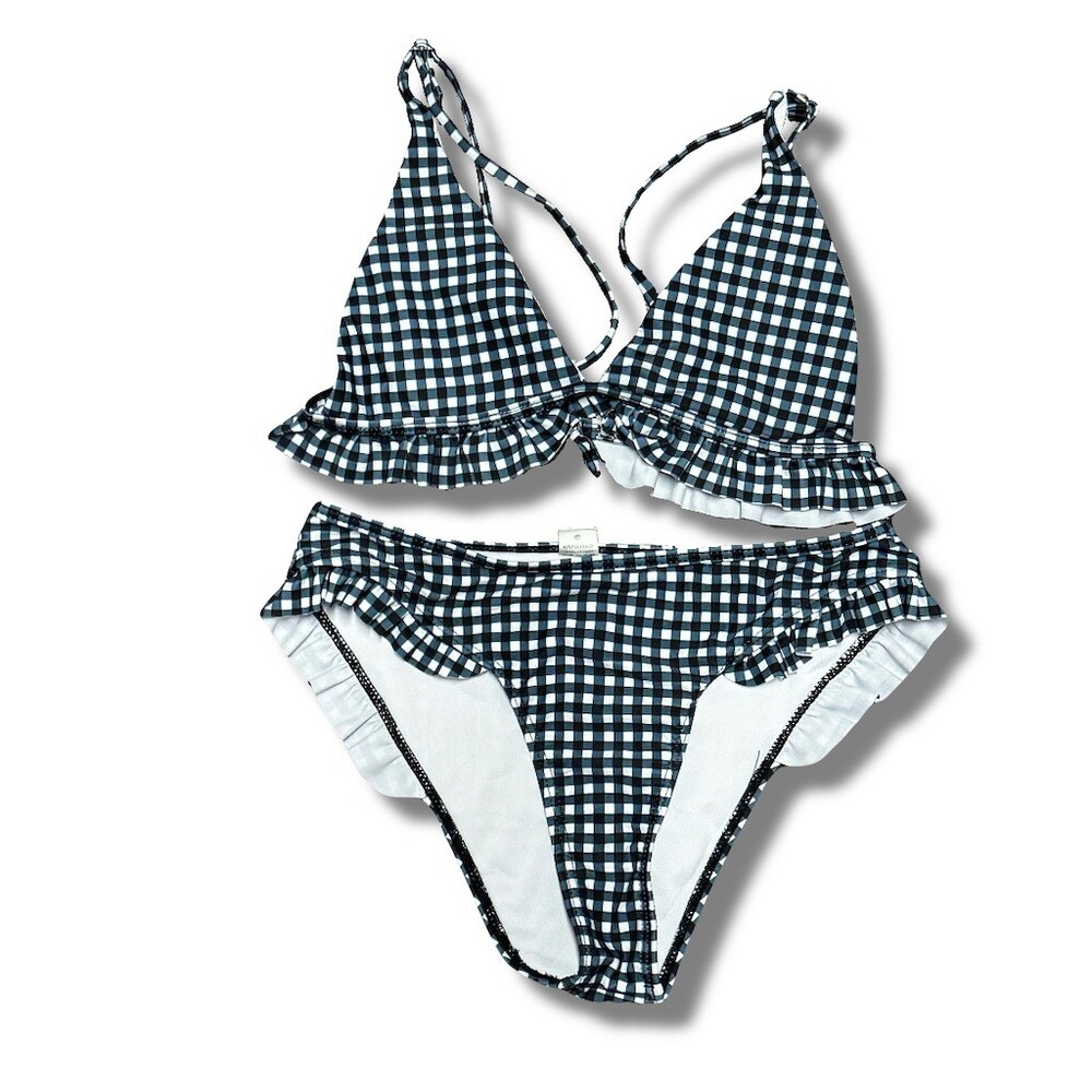 Bikini Set Womens Size S Black & White Gingham Ruffle Triangle